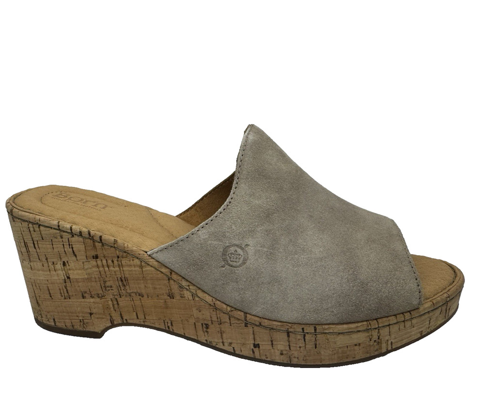 Børn Womens 10 Sandals Leather Slip On Mule Neutral Suede Cork Wedge Slides NWOT